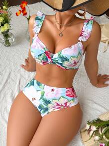 Swim DD+ Women Floral Print Twist Front Ruffle Trim Tankini Bikini Set For Summer Beach Vacation - Multicolor - View 1