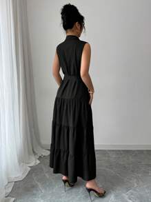 Elenzga 女士休闲通勤纯色前扣无袖连衣裙