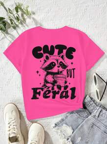 SHEIN Explorewe Tween Girls Pre-Teen Casual Comfortable Fashion Cute Capybara Letter Graphic Short Sleeve T-Shirt, Spring & Summer - Hot Pink - View 2