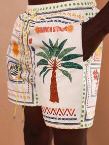 SUMWON Pantalones cortos de surf de playa de verano con estampado tropical hawaiano de palmeras, diseño de vacaciones y resort, con cordón, estilo casual de tablas, para usar en la piscina y fiestas