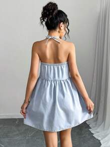 Breezaya 女式夏季休闲露背挂脖迷你牛仔连衣裙 - 藍色 - 查看 2