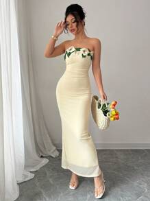 Rafferiza Elegant Premium Women's Strapless Ruched 3D Floral Print Bodycon Split Dress, Suitable For Going Out, Commuting, Party, Date Outfit, Maxi Length - Apricot - View 4