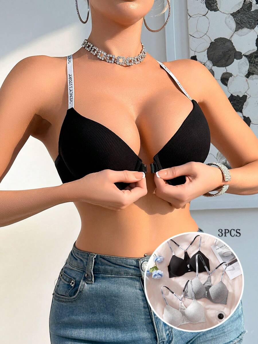 SHEIN 3pcs Set Women Sports/Casual Bras, Simple & Comfortable Front-Closure Gather-Up Bras - Multicolor - View 1