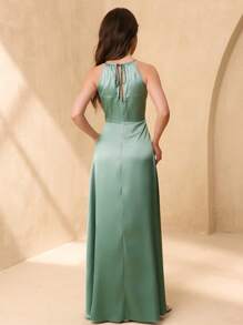 SHEIN Teenage Girls Wedding Bridesmaid Elegant Satin Ribbon Bow V-Neck Ruffled A-Line Long Dress For Prom, Birthday Party, Performance