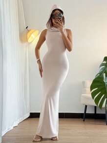 DAZY Women's Solid Color Hooded Backless Sleeveless Dress Wedding Women Dresses - Grey - View 6