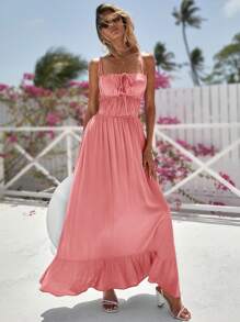 Vivid Eden 女士纯色褶皱露背休闲度假吊带裙 - 藕粉色 - 查看 3