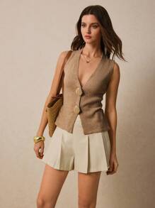 Poéselle Women Sleeveless Casual Thin Cardigan With Shell Decor - Brown - View 6