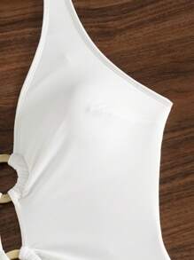 SHEIN Swim 女式春假露背吊带连体泳衣，带圆形金属装饰，深 V 领系带腰部节日波西米亚风海滩装 - 白色 - 查看 4
