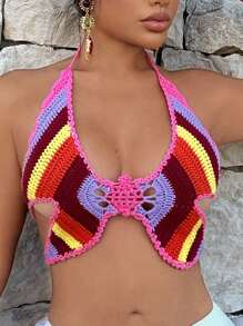 SHEIN SXY Women Sexy Striped Backless Halter Crop Top For Vacation