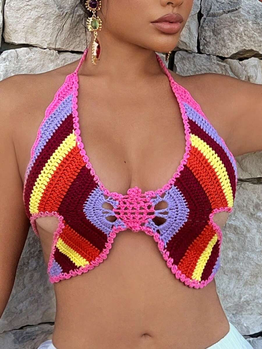 SHEIN SXY Women Sexy Striped Backless Halter Crop Top For Vacation