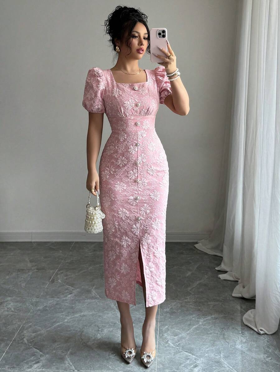 Modelyn 女式花卉提花方领泡泡袖开衩下摆修身连衣裙 - 淺粉色 - 查看 1