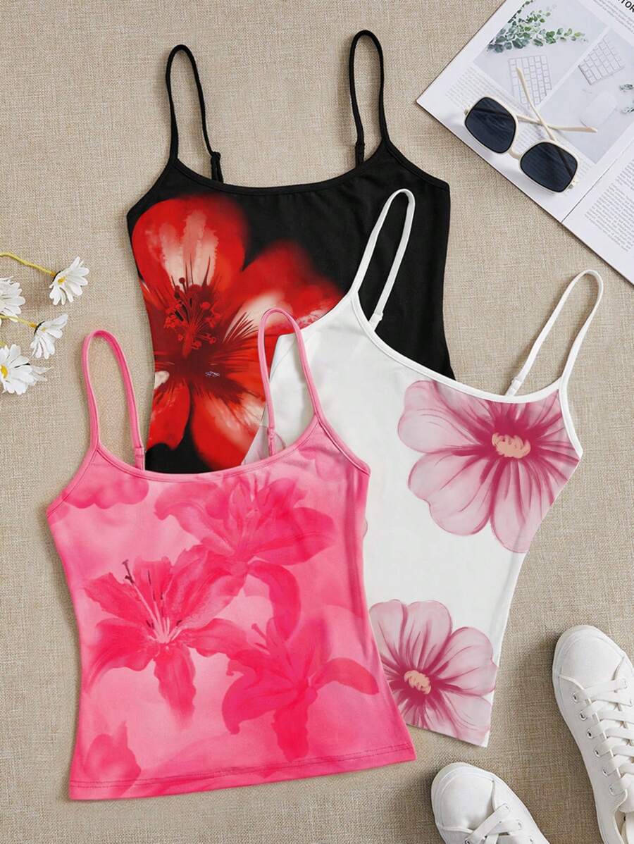 SHEIN EZwear 女士夏季优雅花卉印花吊带背心 - 彩色 - 查看 1
