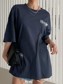 DAZY Letter Graphic Drop Shoulder Tee Summer Oversized T-Shirt - Navy Blue - View 5