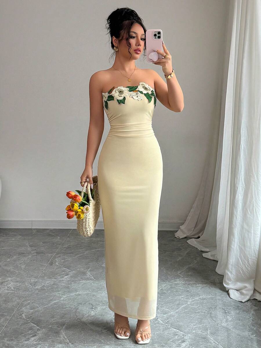 Rafferiza Elegant Premium Women's Strapless Ruched 3D Floral Print Bodycon Split Dress, Suitable For Going Out, Commuting, Party, Date Outfit, Maxi Length - Apricot - View 1