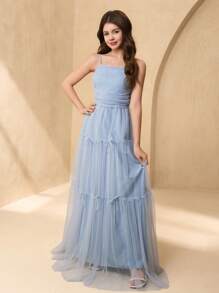 SHEIN Elegant Teen Girl Floral Tulle Spaghetti Strap A-Line Bow Decor Long Evening Dress For Wedding, Prom, Birthday Party