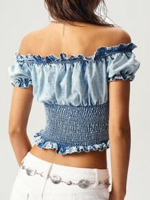 Bohemela BOHO Western Cowgirl Style Solid Color Denim Patchwork Off Shoulder Short Sleeve Cropped Fitted Denim Top For Women, Back To School, Vintage