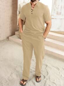 VENTUSAIL Bộ quần áo và áo sơ mi tay ngắn màu trơn thoải mái cho kỳ nghỉ của nam, trang phục ấm áp - Màu be - Xem 3