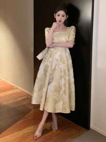 DAZY Floral Print Square Neck Puff Sleeve Midi Dress For Women Prom Dress Elegant Women Dresses - Apricot - View 10