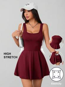 SHEIN PETITE Women's Burgundy Knitted Sleeveless Square Neck Backless Short Unitard Dress: Stretchy And Stylish