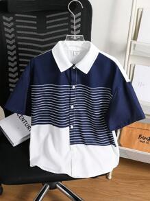 SHEIN Boys' Tween Casual Versatile Comfortable Striped Printed Collared Open Front Loose Woven Shirt, Suitable For Commuting, School, Daily Casual, Travel, Sports, Spring/Summer - Multicolor - View 8
