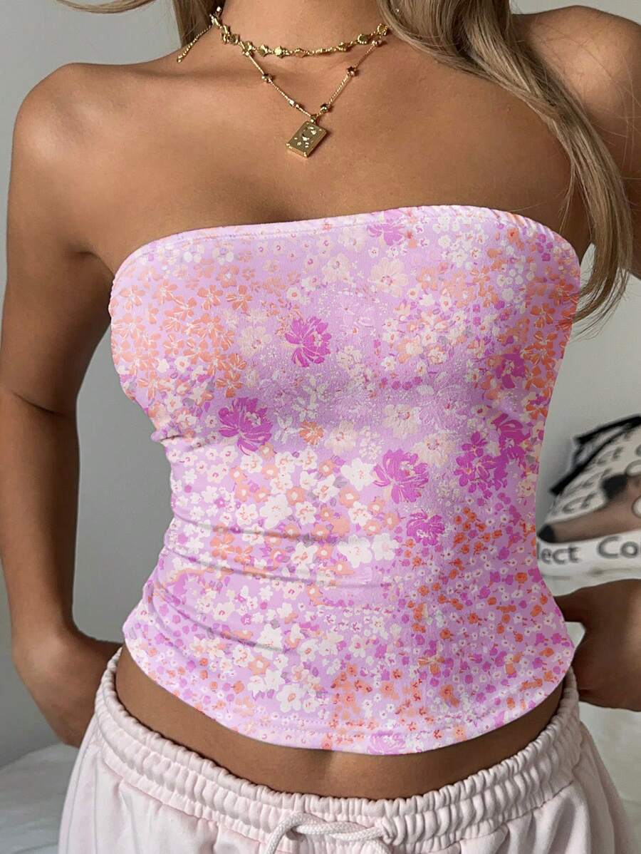 SHEIN EZwear Women's Casual Floral Print Bandeau Tight Fitted Crop Top, Suitable For Summer,Tube Top Suitable For Going Out