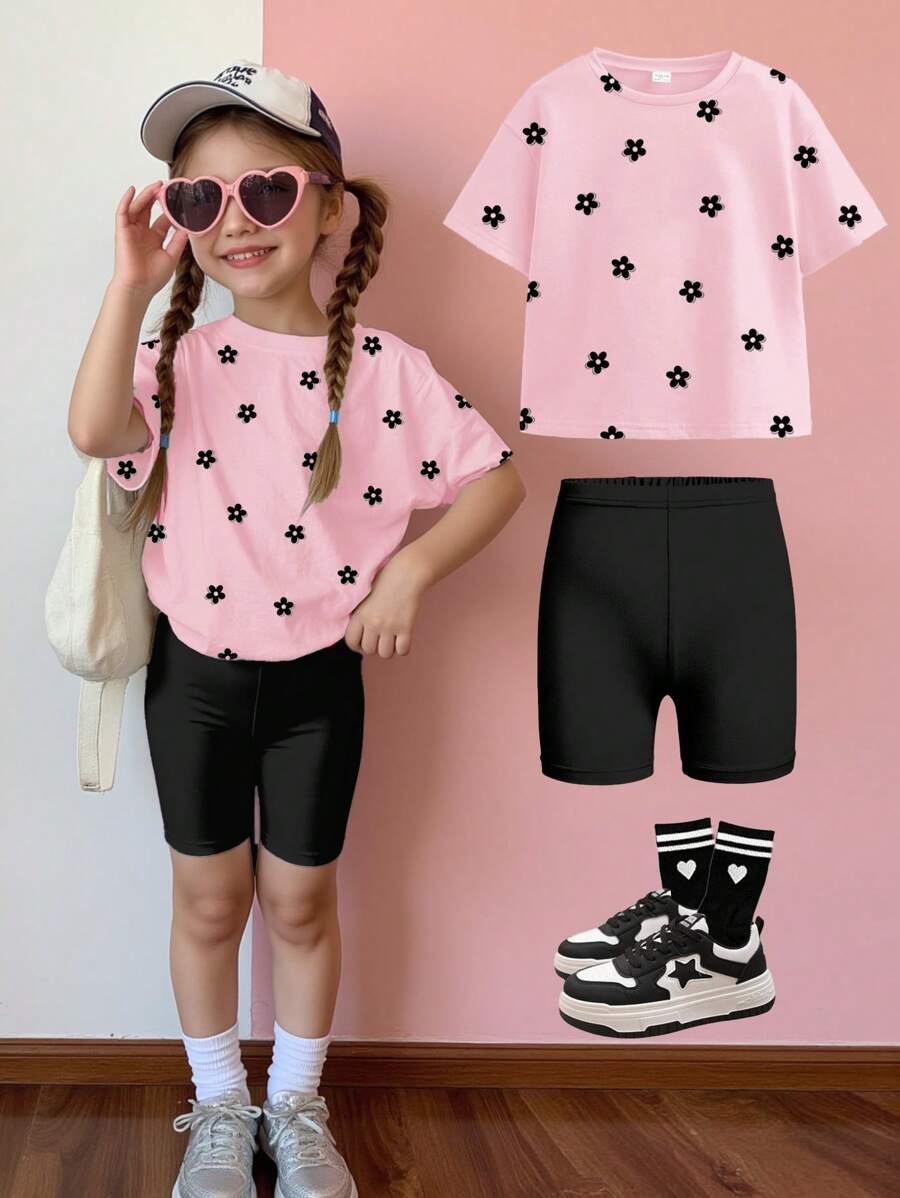 SHEIN Leap Crew Set 2 Potong Baju Pendek Lengan Pendek Kasual Sederhana untuk Anak Perempuan, Cocok untuk Musim Panas - MultiWarna - View 1