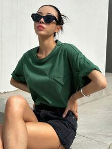 DAZY 翻盖细节落肩开衩下摆超大码 T 恤 - 墨綠色 - 查看 8