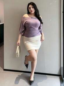 Dazy Plus Plus Size Women's Solid Color Off Shoulder Flare Sleeve Short Purple T-Shirt,Back To School Clothes - Mauve Purple - View 5