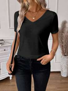 SHEIN LUNE Maglietta casual da donna con scollo a V e maniche corte, a tinta unita, versatile