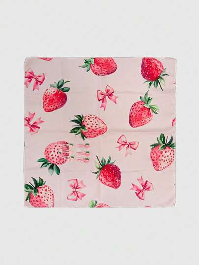 Kawaii 1 Set incluye 1 pañuelo cuadrado pequeño estampado con fresa rosada y lazo + 6 pasadores para el cabello con forma de fresa 3D de colores aleatorios, conjunto de pañuelo y accesorios para el cabello con estampado de dibujos animados de estética Y2K de uso múltiple