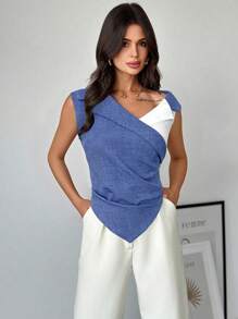 Firerie Blusa elegante y sencilla sin mangas de color azul y blanco de corte asimétrico, adecuada para ir al trabajo, uso diario y vacaciones
