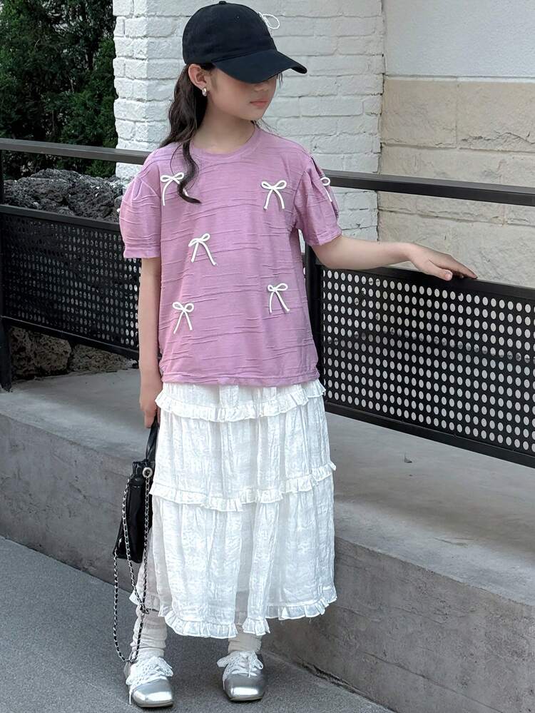 2pcs/Set Tween Girl Round Neck Knit Top With Bow Decor + Skirt Outfit, Fall Clothes,Back To School Clothes