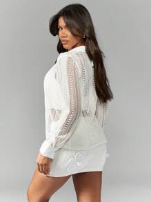 MISSGUIDED Áo khoác cardigan tay dài cài nút ren móc len mùa hè đi biển mặc đi nghỉ dưỡng - trắng - Xem 2