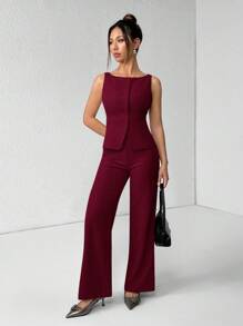 SHEIN PETITE 女士纯色圆领单排扣背心和裤子优雅通勤套装，夏秋季女装女套装办公室装商务休闲女两件套秋季女装办公室装女套装女式西装套装 - 酒紅色 - 查看 6