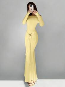 Aloruh 女士优雅露肩金属蝴蝶结装饰长裙 - 黃色 - 查看 4