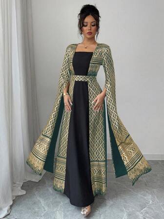 Rafferiza Fashionabla eleganta fyrkantiga krage puffärm folietryck vår/sommar lång klänning