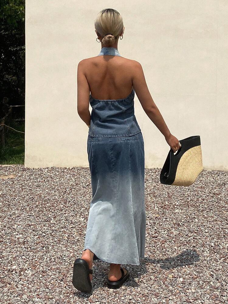Women's Single-Breasted Halter Neck Top And Fish Tail Hem Midi Denim Skirt Set Vacation