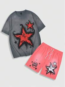 ROMWE MEN Street Life Men's Acid-Washed T-Shirt And Splatter Print Shorts Set - Multicolor - View 1