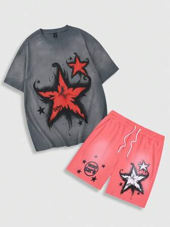 Men's Snowflake Print T-Shirt And Splatter Print Shorts Set