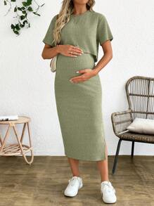SHEIN 2-delige zwangerschapsoutfit in effen kleur met korte mouwen en rok, zomerse casual outfit