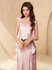 SHEIN Flower Girl & Teens Girl Formal Ruffled Strap Satin Mermaid Dress, Suitable For Wedding, Prom, Birthday Party, Performance