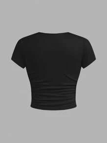 3pcs Pack Tween Girls Slim Fit Casual Solid Color Ruched Round Neck Short Sleeve T-Shirts - Pink - View 4