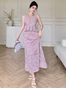 DAZY Conjunto de 2 piezas para mujer con camiseta de tirantes con cuello en V de encaje y volantes y falda - Morado - Ver 5