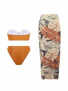 Swim Oasis 3 件套女士紧身性感露肩花卉热带植物印花优雅沙滩裙，高开叉至大腿，春夏度假海滩装 - 彩色 - 查看 5