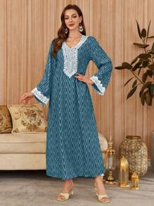 Al Najma Women V-Neck Lace Patchwork Flare Sleeve Arabic Style Long Dress, Modest Kaftan - Blue - View 5
