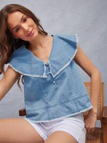 WESTFADE Summer Ruffle Fray Edge Split V Neck Loose Fit Cute Keyhole Button Back Sleeveless Denim Tank Top - Light Wash - View 3