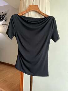 Franclia Women's Elegant Black Ruched Draped Neck Short Sleeve T-Shirt - Black - View 3