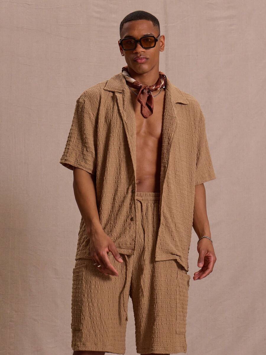 Musero Camisa de Manga Curta com Colarinho Revere Texturizado e Botões, Ideal para , Verão, Férias, Páscoa e Estilo de Rua - Café - Visão 1