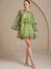 Aveloria Rosie Váy mini xếp nếp organza hoa cao cấp lãng mạn thanh lịch, váy dự tiệc dài tay cho quý cô ngày lễ tình nhân - màu xanh lá - Xem 1