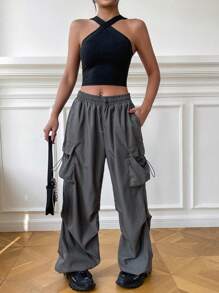 Coolane Sport Grey Flap Pocket Side Drawstring Waist Parachute Cargo Pants